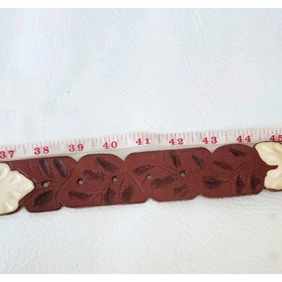 LUCKY BRAND Women\'s Belt Size XL Brown Tooled Leather White Painted Flowers Boho main image 6